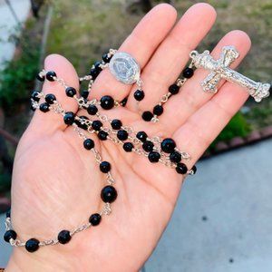 925 SS onyx crystal gemstone cross rosary necklace